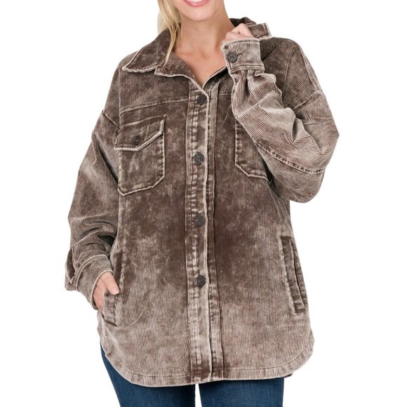 PREMIUM VINTAGE WASHED OVERSIZED CORDUROY SHACKET BROWN - Picture 1 of 3